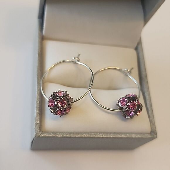 Pink Crystal Ball Silver Tone Hoops Earrings - Picture 1 of 2